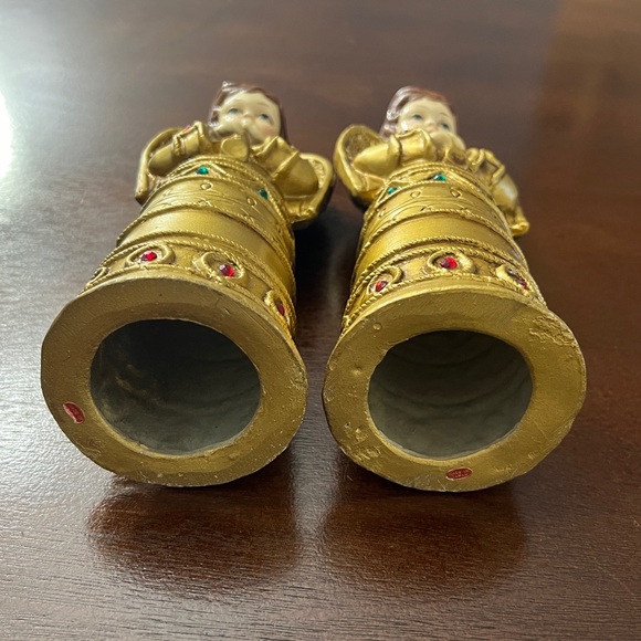 Vintage Set of 2 MCM Paper Mache Gold Angel Figurines Horn Christmas Decor Japan - Picture 9 of 13